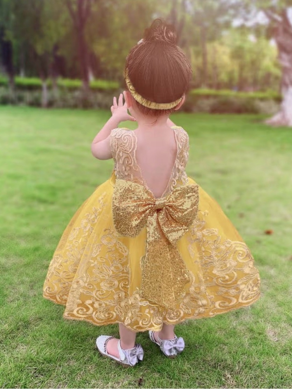 Girls 12 month Yellow Embroidered Tulle Princess Dress with Matching Headband - Picture 3 of 3